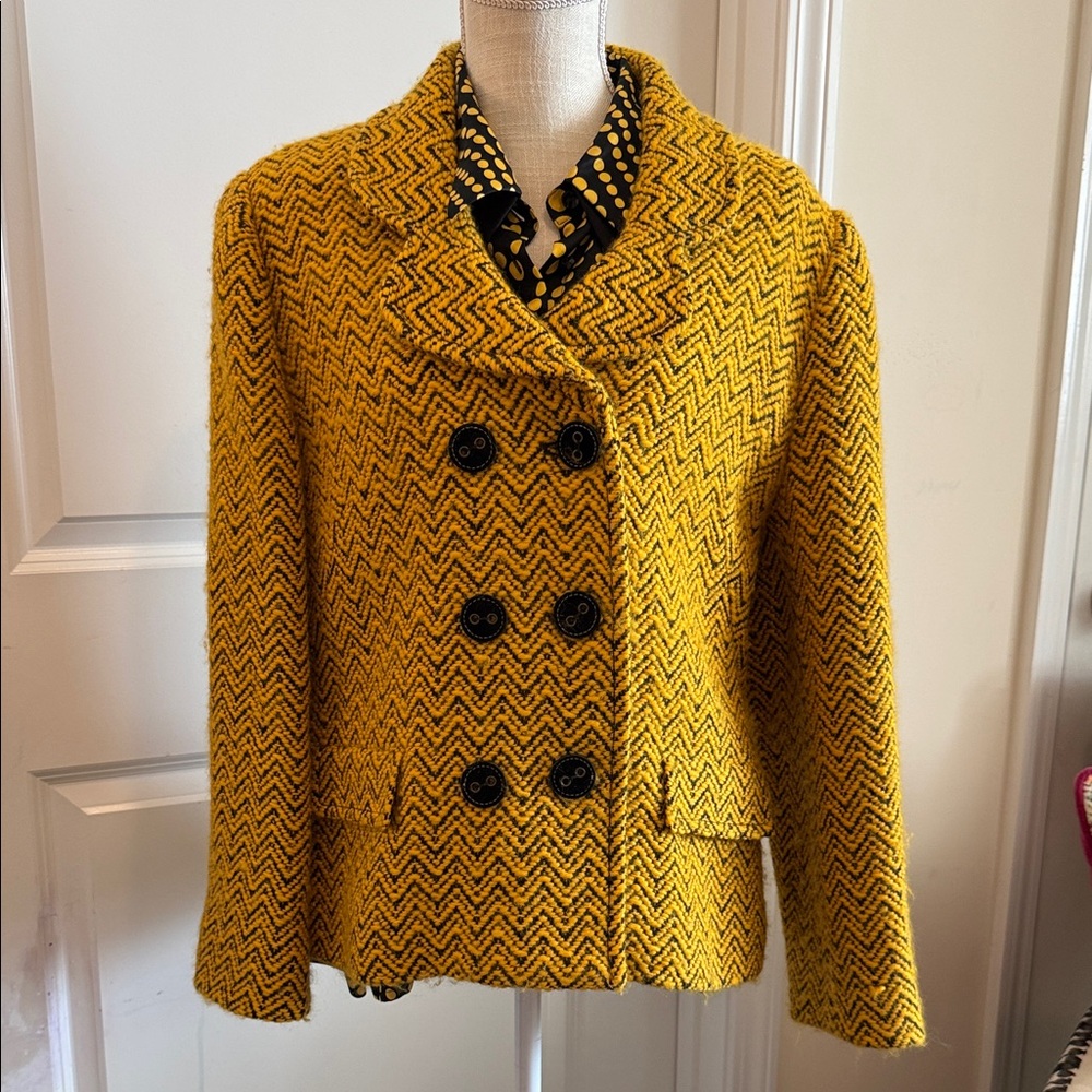 Carlisle Yellow and Black Chevron Blazer with silk blouse